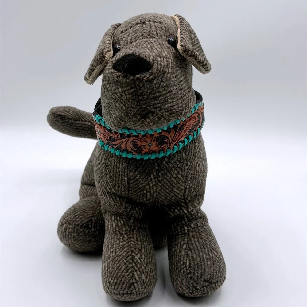 Myra Bag Acety Hand Tooled Leather Dog Collar Turquoise Whipstitch Floral Small